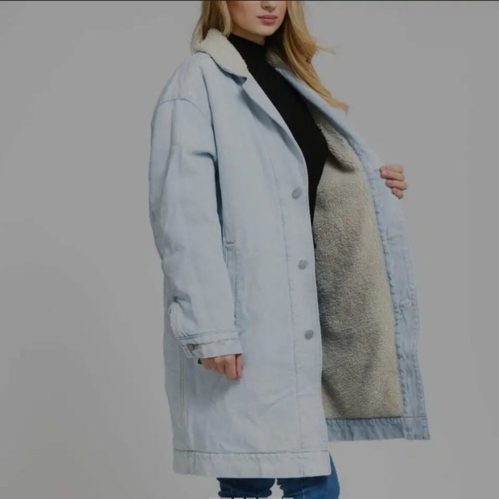 NWT Levi's Reversible Light Wash Denim Sherpa Long Line Heavy Coat Size S